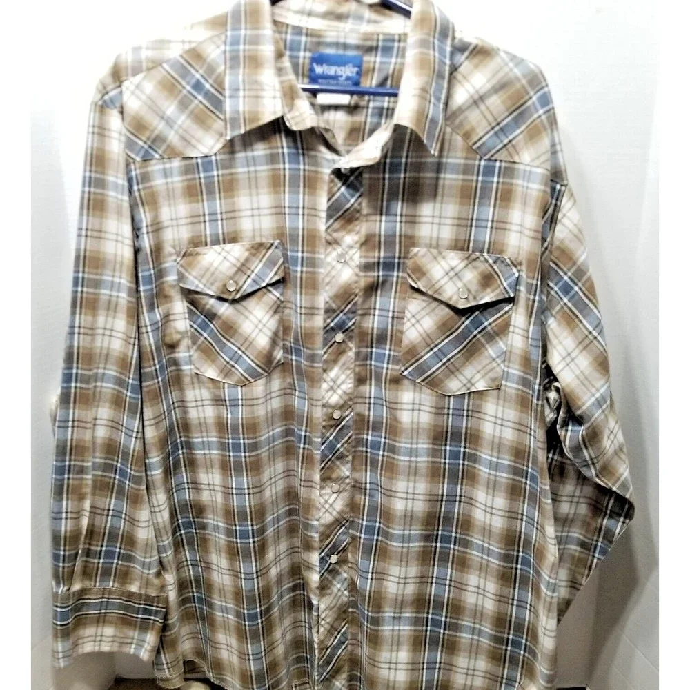 Wrangler Western Men Shirt Brown and Blue Size 2X Plaid Pearl Snap Long Sleeve - Picture 1 of 10